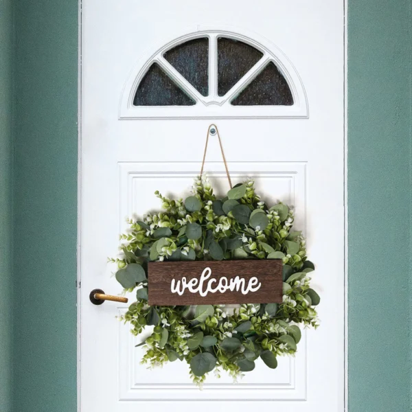 HLW 1PC Green Eucalyptus Wreath With Welcome Sign Artificial Eucalyptus Wreath With White Berries