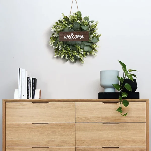 HLW 1PC Green Eucalyptus Wreath With Welcome Sign Artificial Eucalyptus Wreath With White Berries