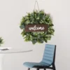 HLW 1PC Green Eucalyptus Wreath With Welcome Sign Artificial Eucalyptus Wreath With White Berries