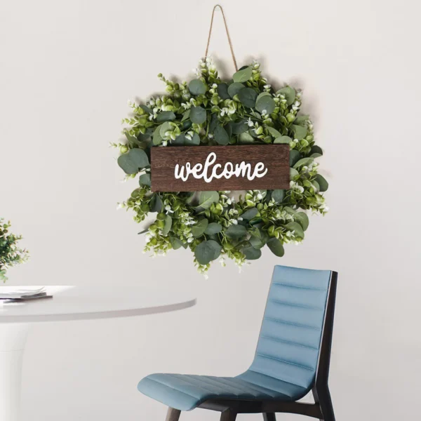 HLW 1PC Green Eucalyptus Wreath With Welcome Sign Artificial Eucalyptus Wreath With White Berries